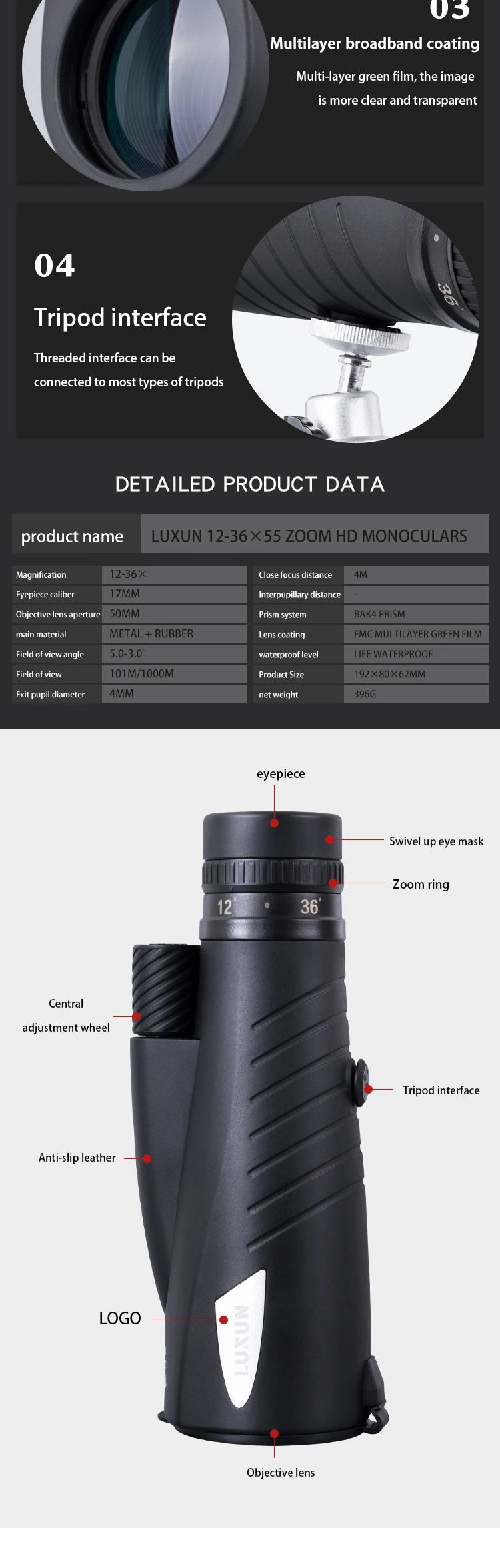 LUXUN High-Powered Telescope 12-36X55 Zoom Bird Watching Monoculars Portable Low-light Binoculars for Ball Game Concert