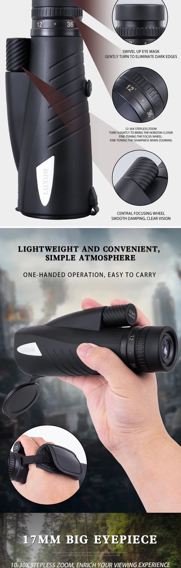 LUXUN High-Powered Telescope 12-36X55 Zoom Bird Watching Monoculars Portable Low-light Binoculars for Ball Game Concert