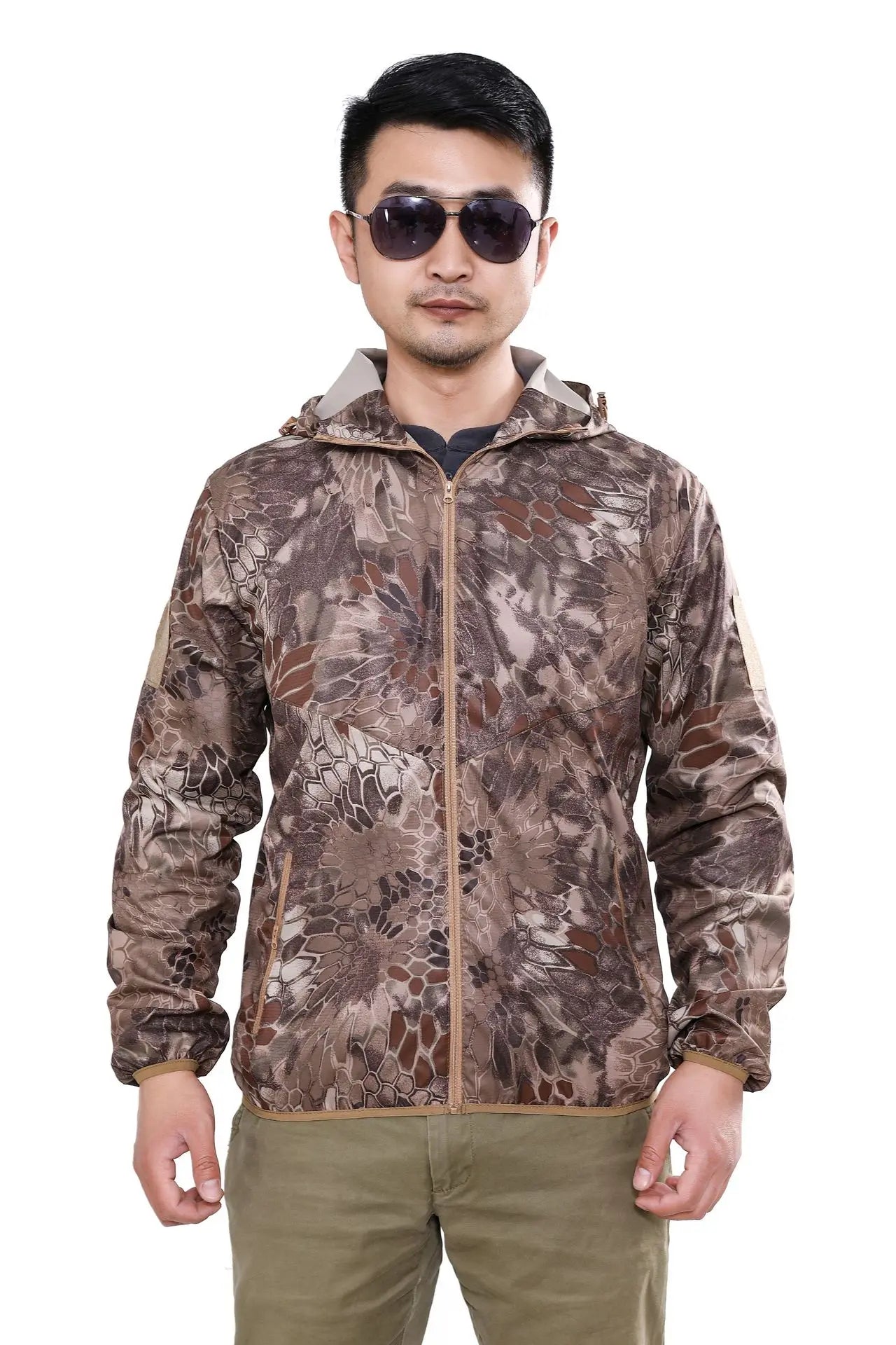 Outdoor Hooded Skin Suit Men's UV Resistant Tactical Combat Camouflage Sunscreen Suit Breathable Hiking Climbing Fishing Jacket