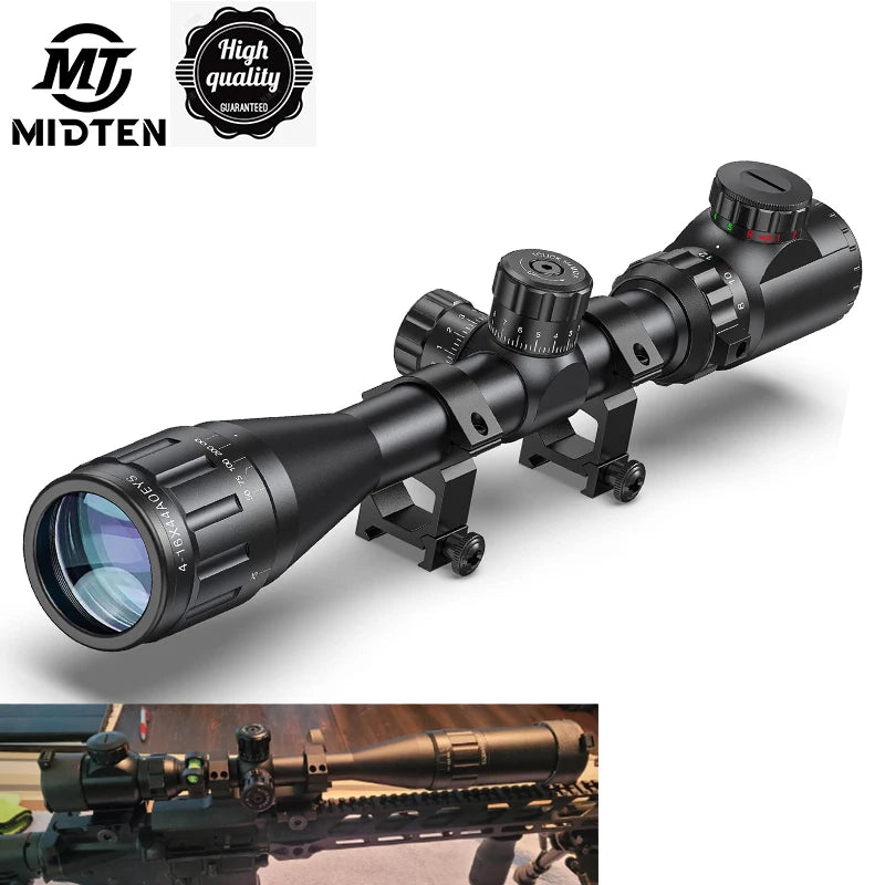 MidTen 4-16x44 Shooting Rifle Scope Hunting Red and Green Illuminated Built with Locking Turret Sunshade and Mount Included