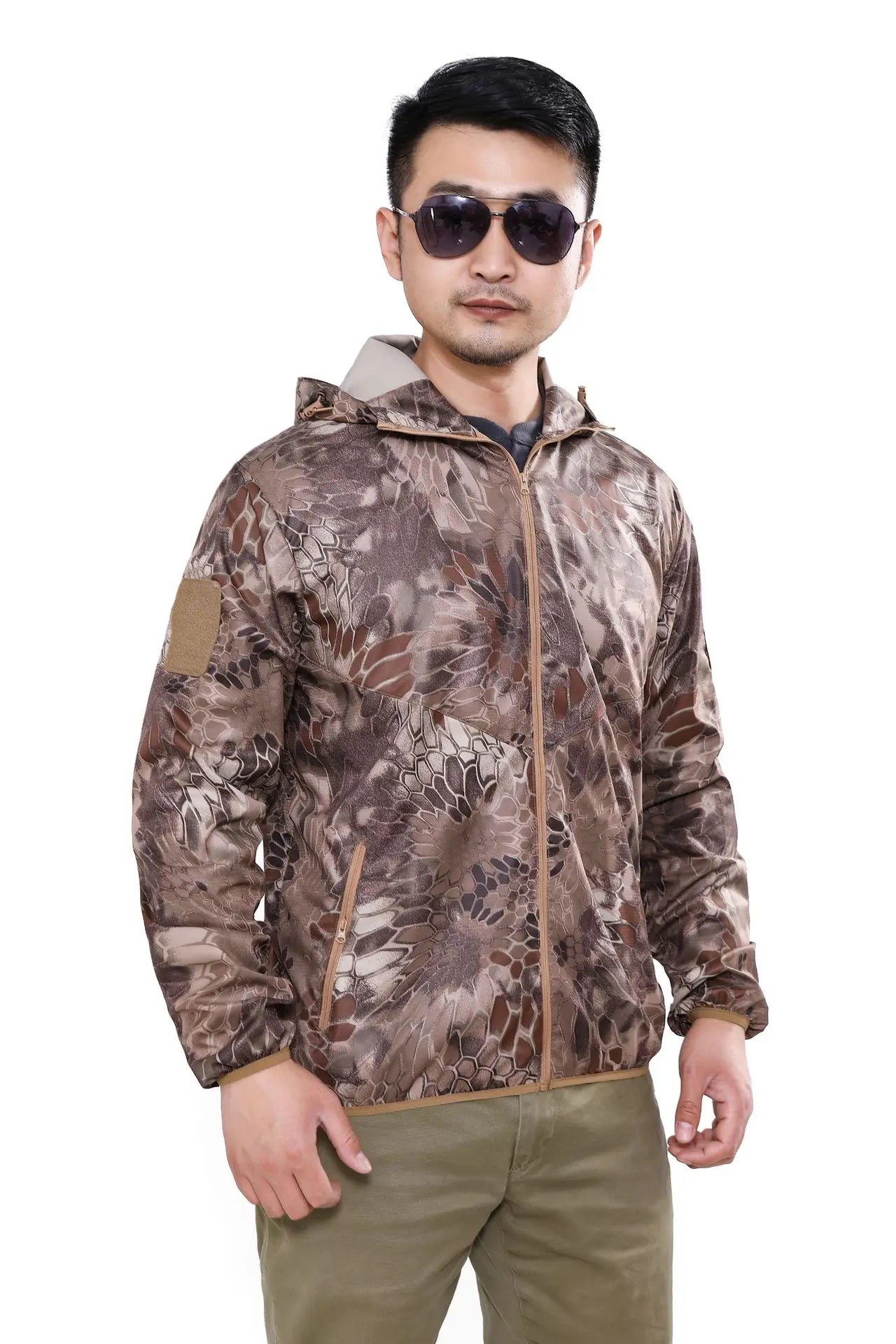 Outdoor Hooded Skin Suit Men's UV Resistant Tactical Combat Camouflage Sunscreen Suit Breathable Hiking Climbing Fishing Jacket