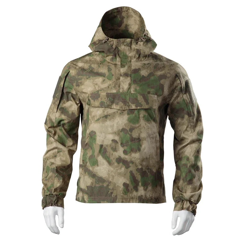 Hooded Combat Windbreaker Mens Quick Drying Wear-resistant Elastic Hunting Pullover Big Pocket Camouflage Tactical Jacket