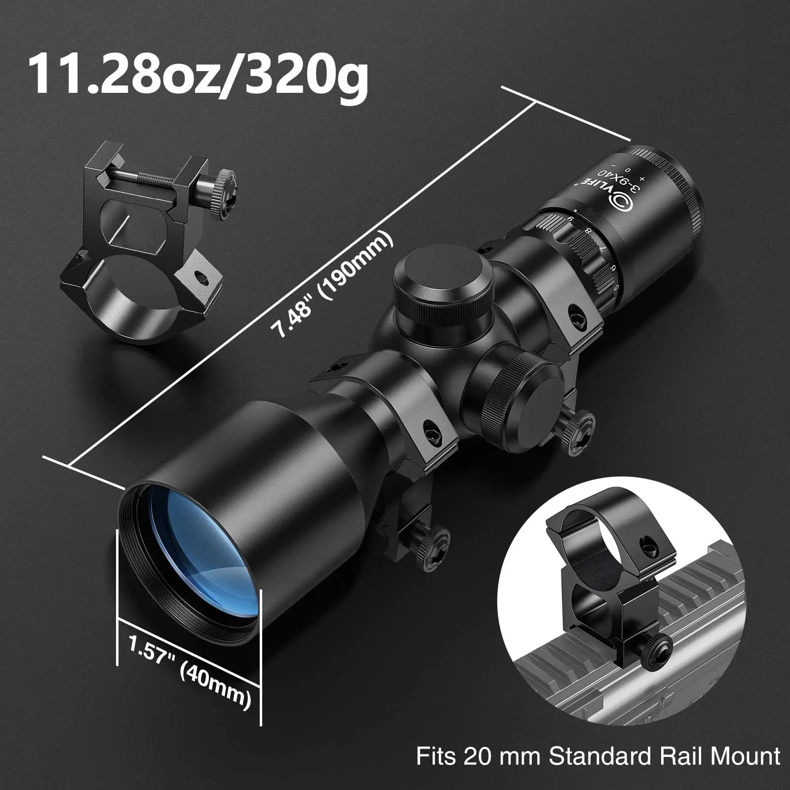 MidTen Rifle Scope 3-9x40 Compact Crosshair Reticle Free Mounts Quick Aiming Mil-dot Reticle 9X Hunting Riflescope Optics Sniper