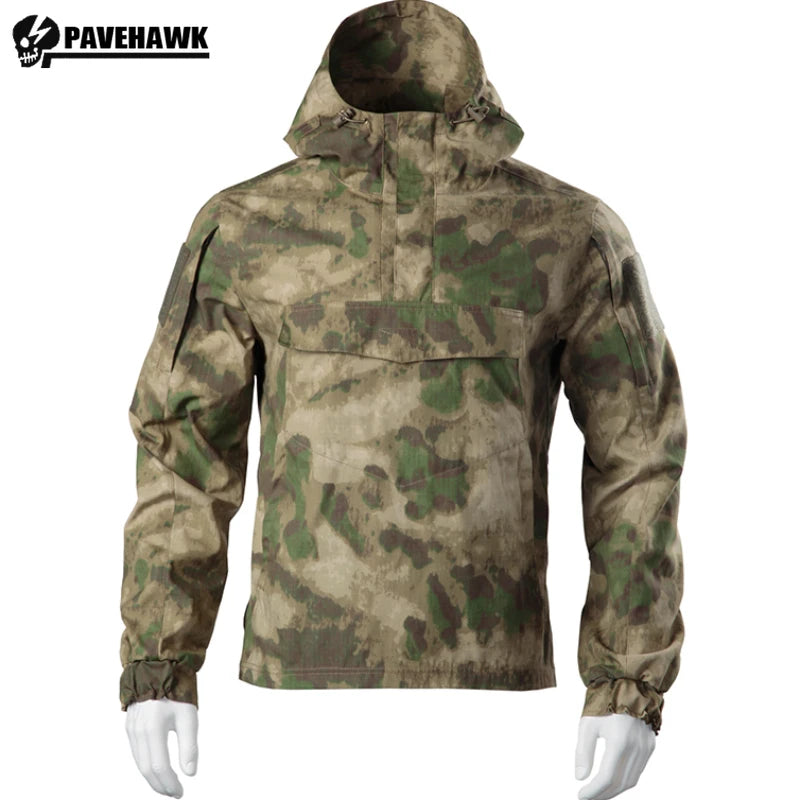 Hooded Combat Windbreaker Mens Quick Drying Wear-resistant Elastic Hunting Pullover Big Pocket Camouflage Tactical Jacket