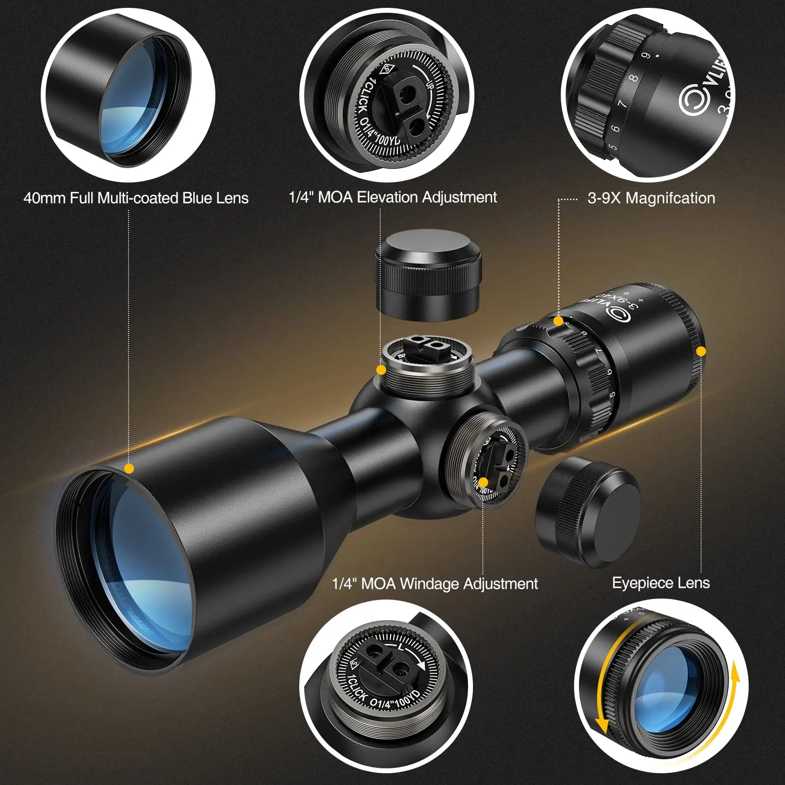 MidTen Rifle Scope 3-9x40 Compact Crosshair Reticle Free Mounts Quick Aiming Mil-dot Reticle 9X Hunting Riflescope Optics Sniper