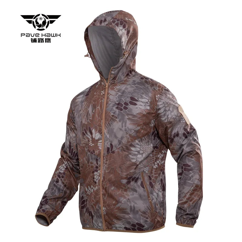 Outdoor Hooded Skin Suit Men's UV Resistant Tactical Combat Camouflage Sunscreen Suit Breathable Hiking Climbing Fishing Jacket