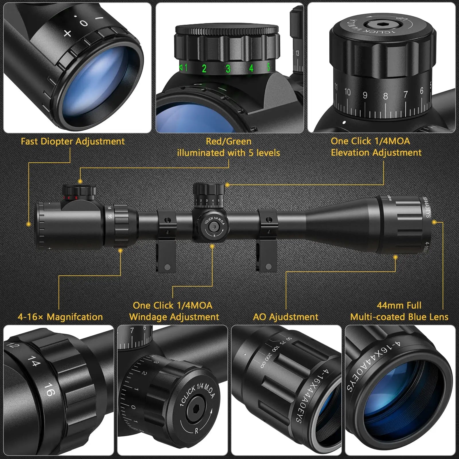 MidTen 4-16x44 Shooting Rifle Scope Hunting Red and Green Illuminated Built with Locking Turret Sunshade and Mount Included