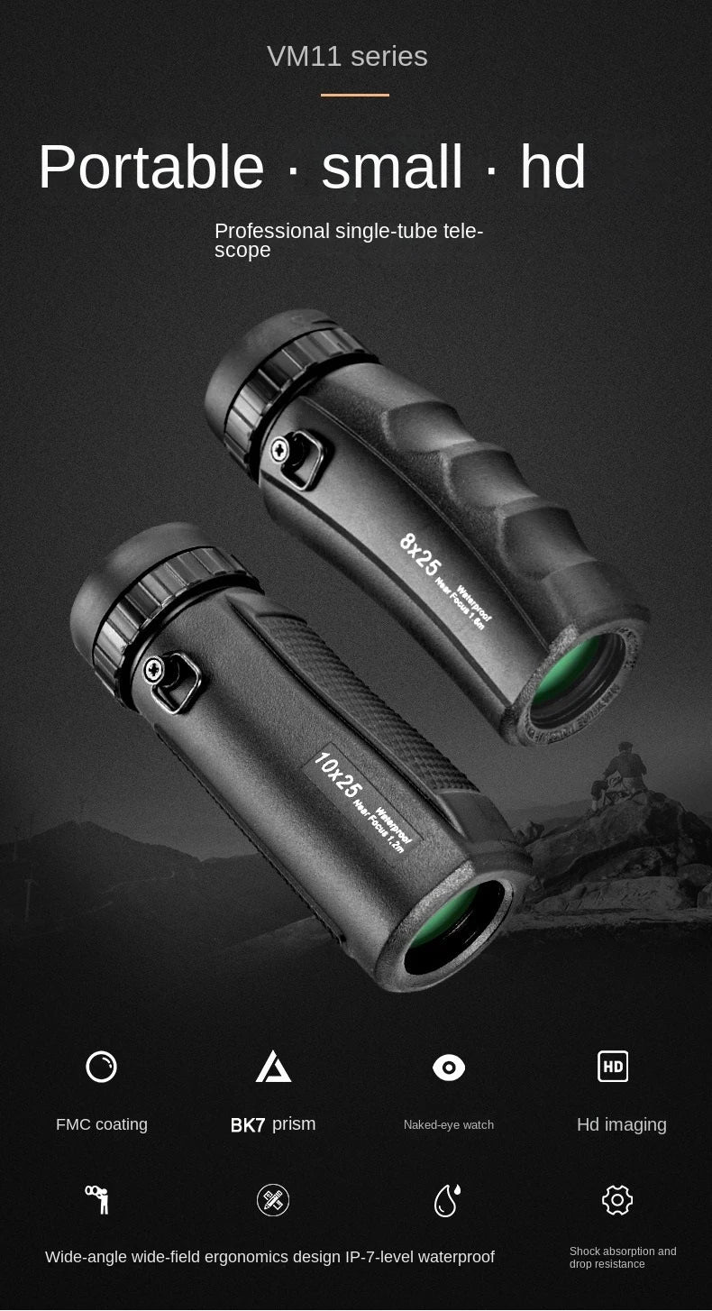 Powerful Mini 8X25 10X25 Monocular Telescope HD Portable IPX7 Waterproof SMC Coated Outdoor Pocket Compact Binocular For Tourism