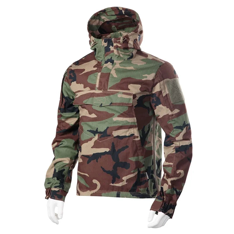 Hooded Combat Windbreaker Mens Quick Drying Wear-resistant Elastic Hunting Pullover Big Pocket Camouflage Tactical Jacket