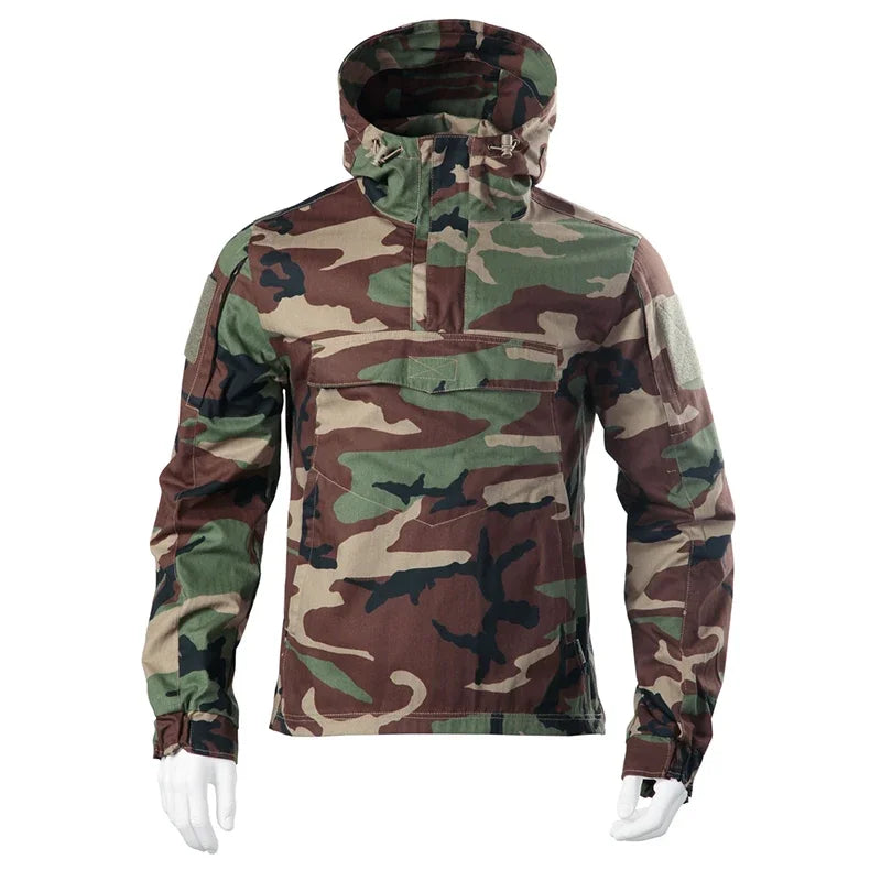 Hooded Combat Windbreaker Mens Quick Drying Wear-resistant Elastic Hunting Pullover Big Pocket Camouflage Tactical Jacket