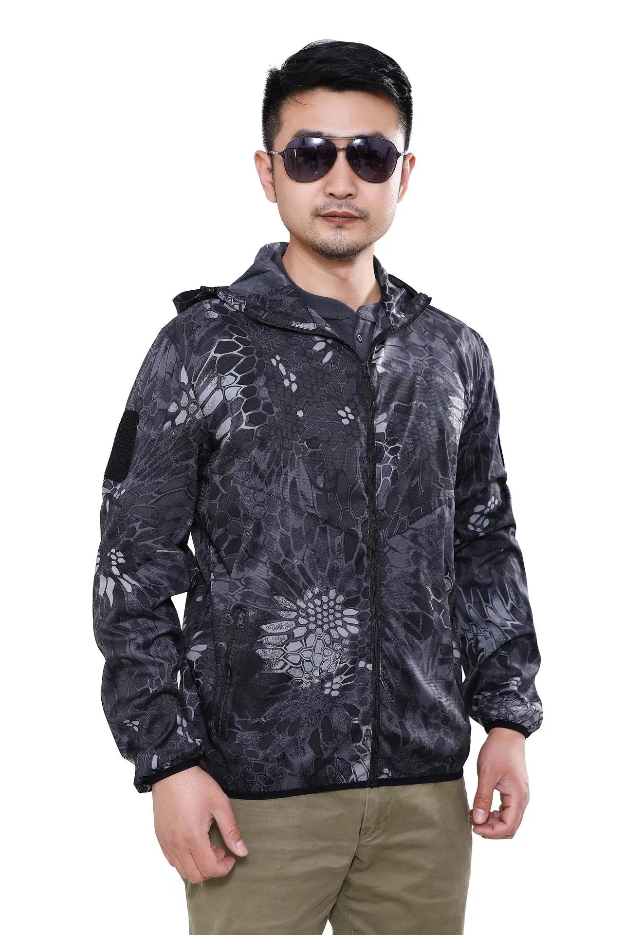 Outdoor Hooded Skin Suit Men's UV Resistant Tactical Combat Camouflage Sunscreen Suit Breathable Hiking Climbing Fishing Jacket