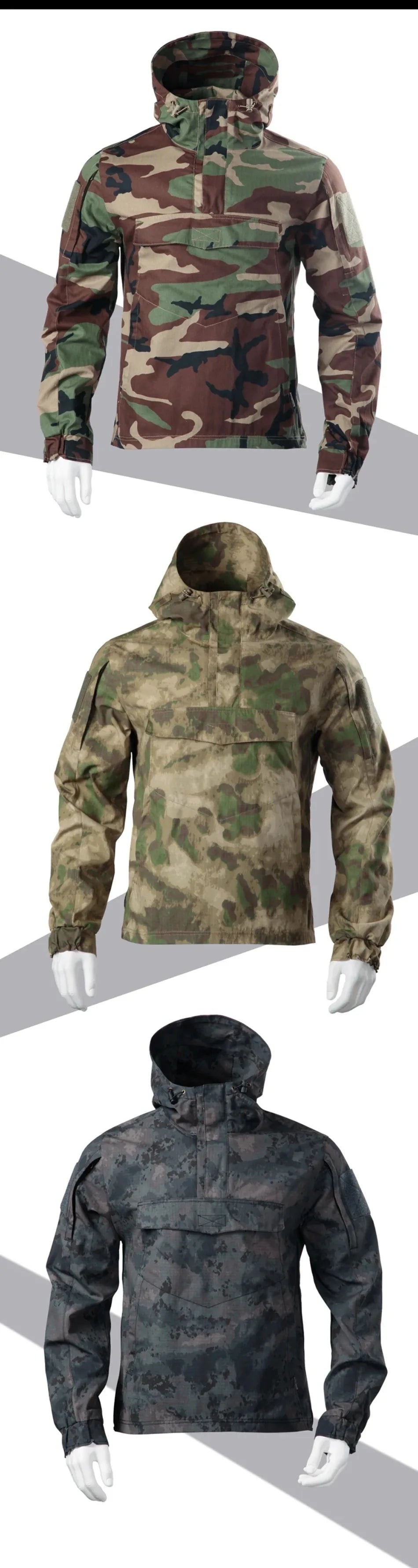 Hooded Combat Windbreaker Mens Quick Drying Wear-resistant Elastic Hunting Pullover Big Pocket Camouflage Tactical Jacket