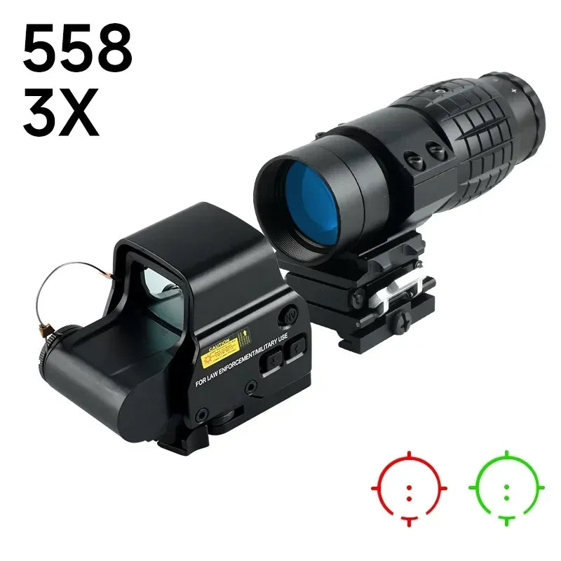 558 Holographic Scope 558+3x Tactical Optics Sights with Flip-up Quick Detachable Red/Green Dot Hunting Airsoft 3x Magnifier