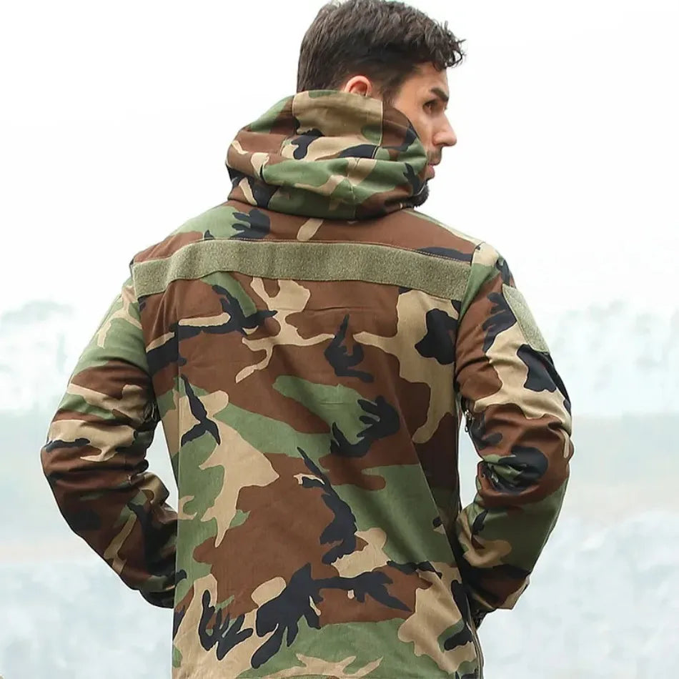 Hooded Combat Windbreaker Mens Quick Drying Wear-resistant Elastic Hunting Pullover Big Pocket Camouflage Tactical Jacket